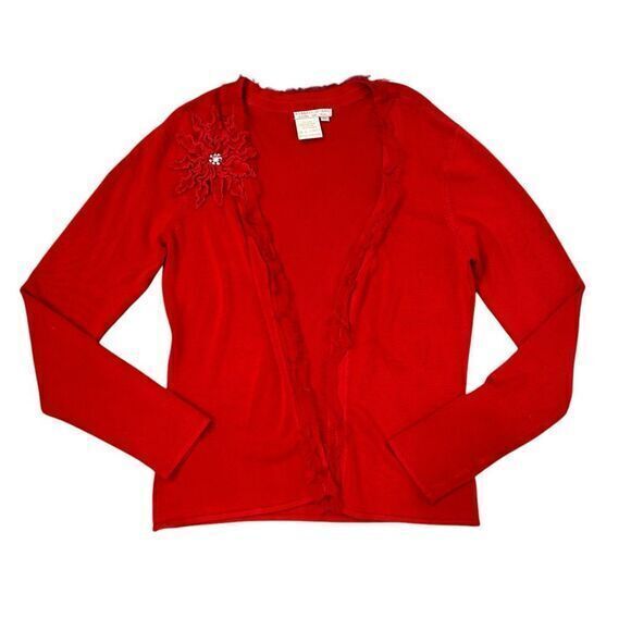 Alberto Makali Sweater Womens Medium Red Ruffle Floral Open Front Knit Cardigan - Picture 1 of 10